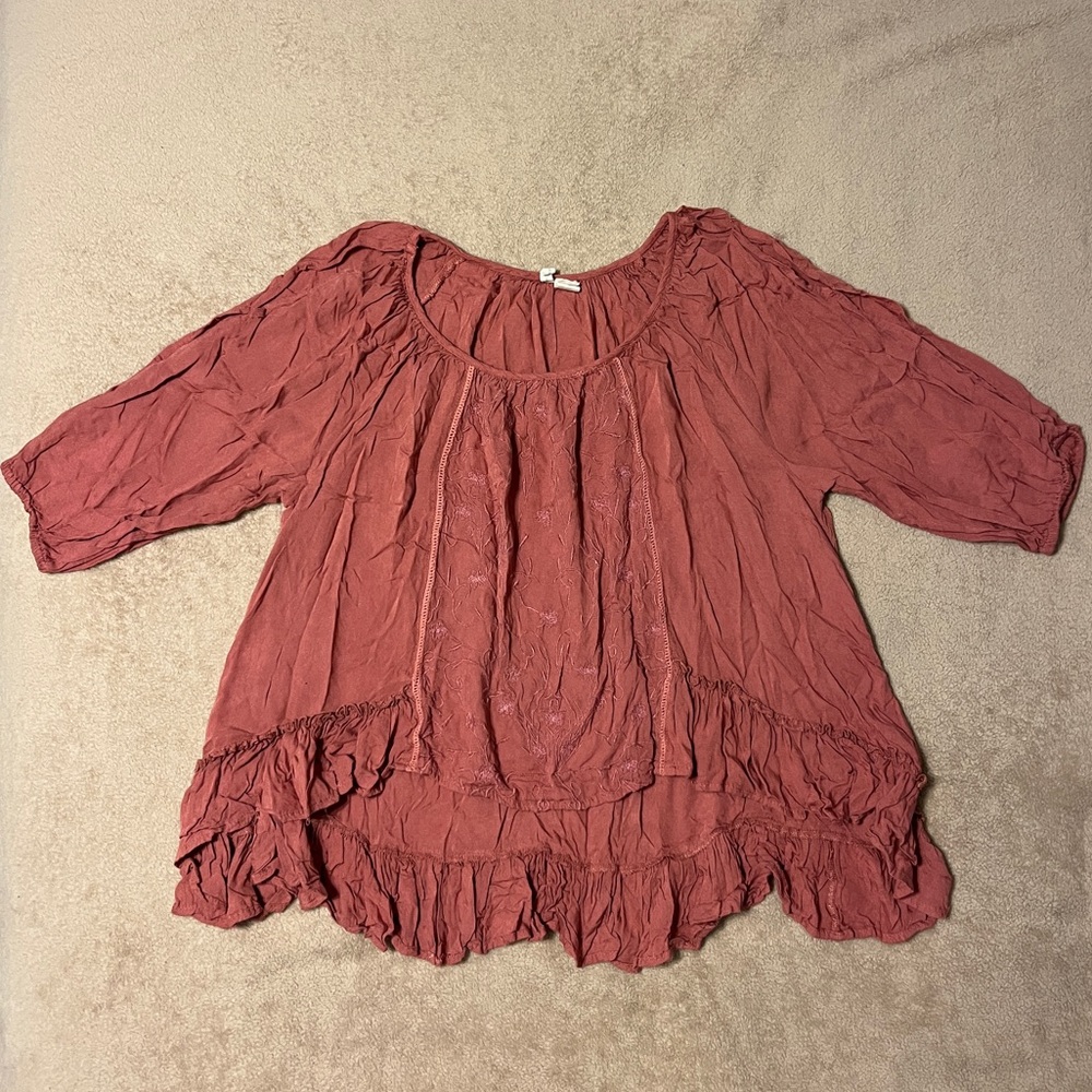 Coral Top with Ruffled Hem